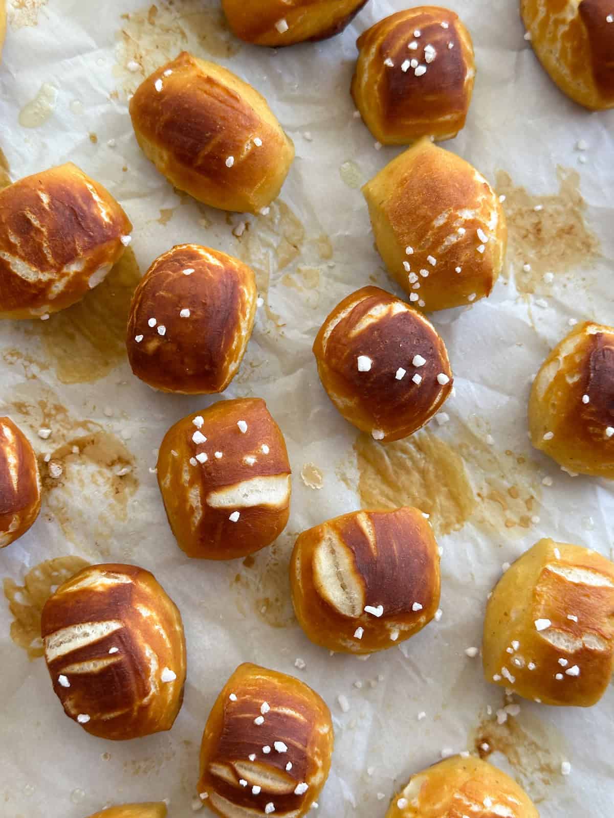 baked sourdough discard pretzel bites on baking sheet.