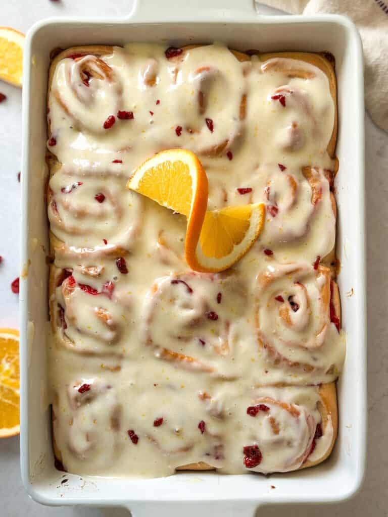 top view of finished sourdough cranberry orange rolls.