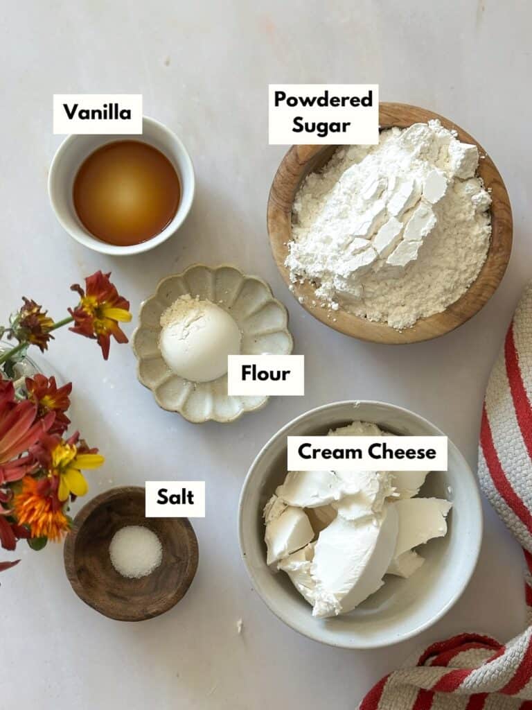 Cream Cheese Filling Ingredients for Sourdough Red Velvet Cookies in individual measuring cups and bowls.