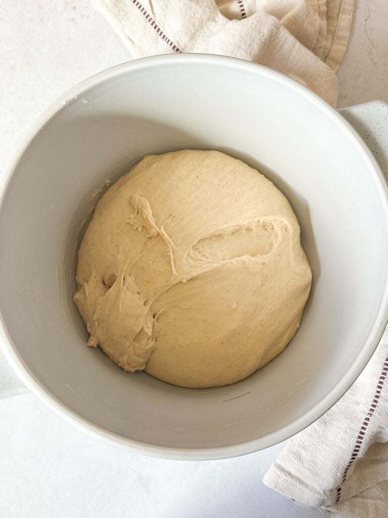 sourdough cranberry orange roll dough in bowl after bulk fermentation.