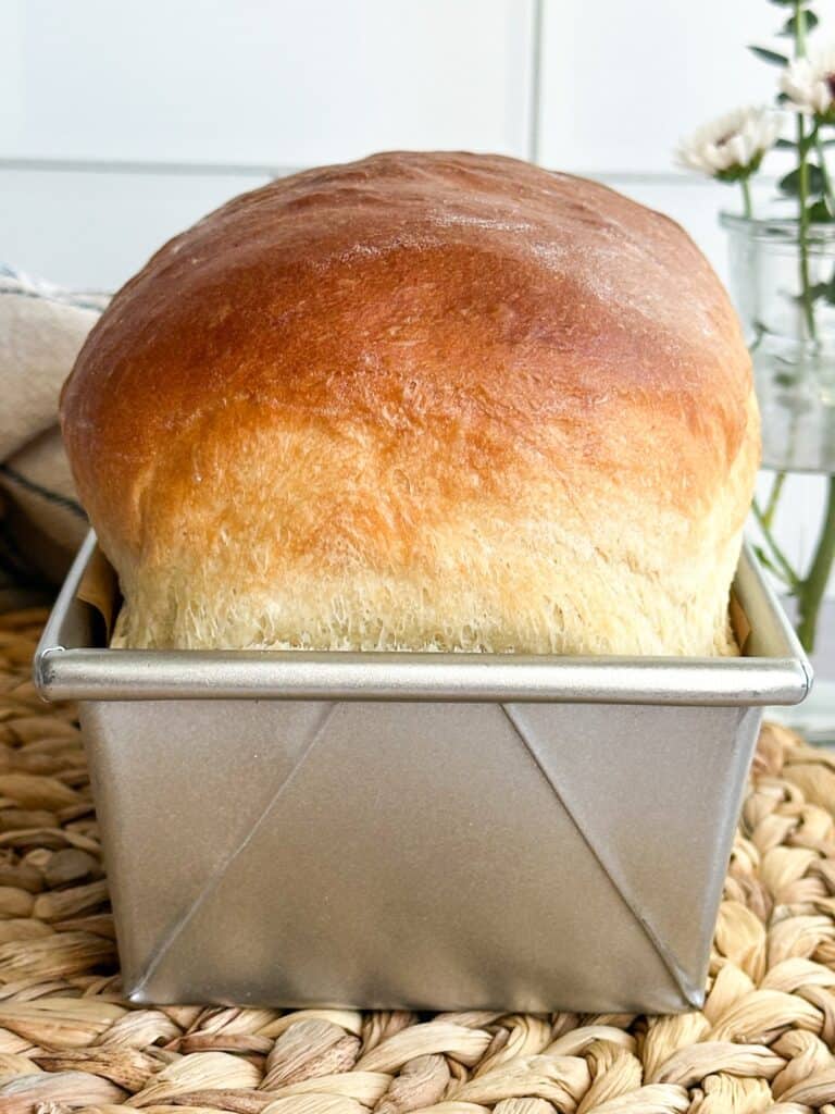 baked loaf of sourdough discard sandwich bread in baking pan.