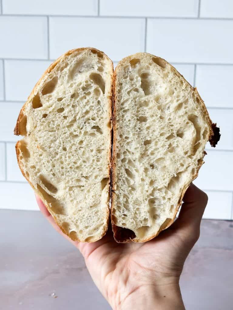a hand holding two loaves of sourdough bread cut in half side by side to reveal the crumb.