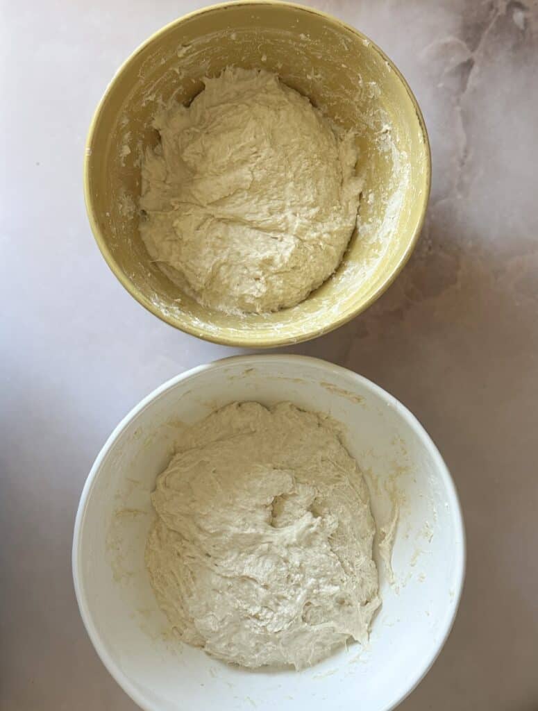 Two mixing bowls with two batches of sourdough dough.