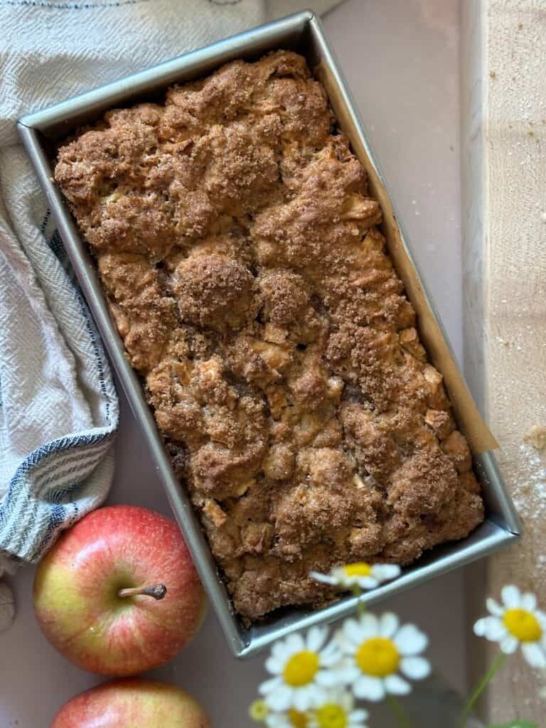 sourdough discard apple bread baked in a loaf pan.
